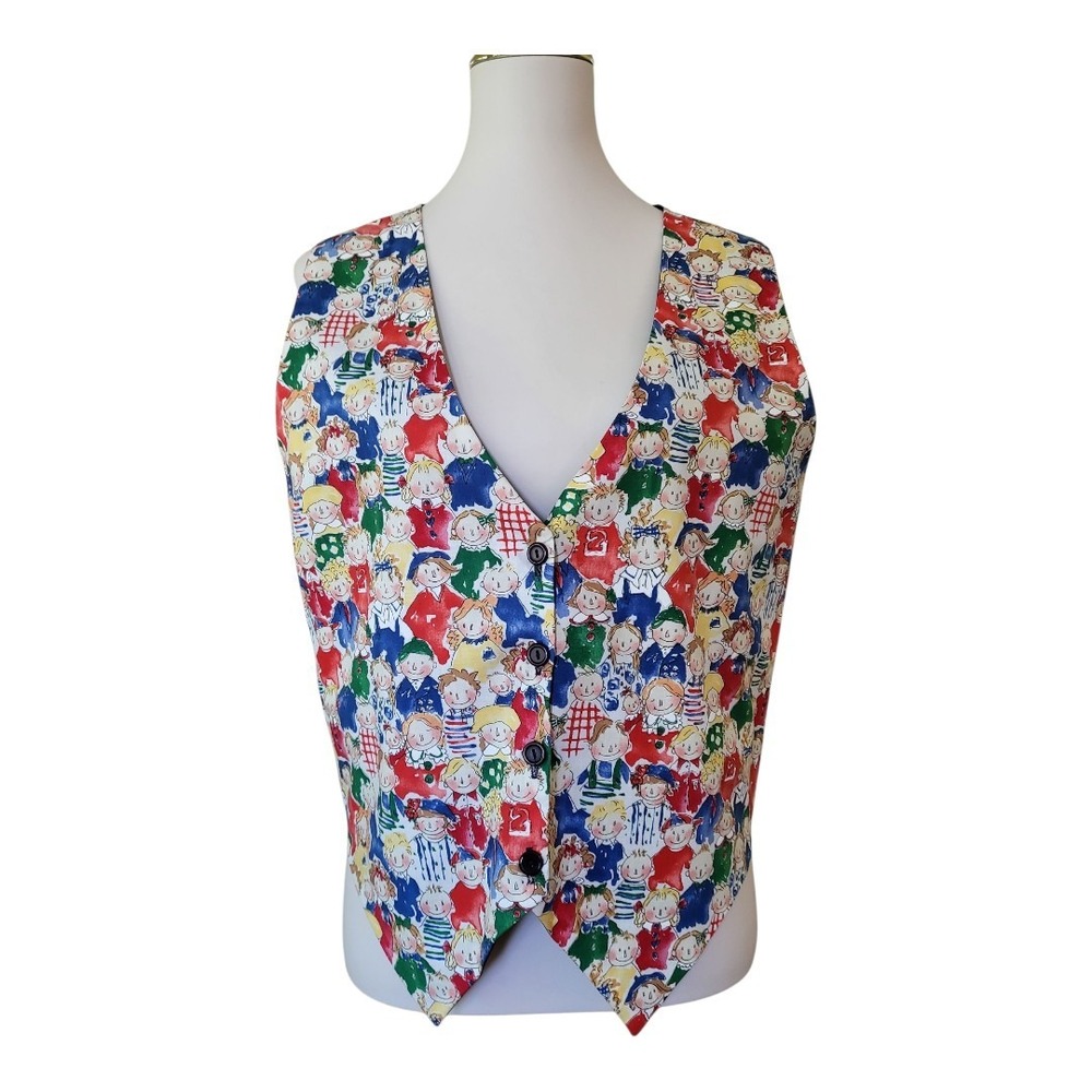 Vintage 90s 111 Main Children print Vest Button Front sz 10 M all races kids 80s